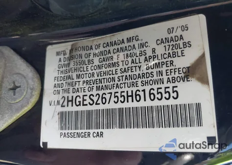 2005 Honda Civic Ex from USA, damaged, VIN 2HGES26755H616555